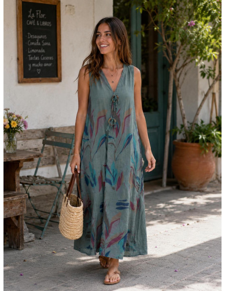 Vestido verde  lino estampado hojas