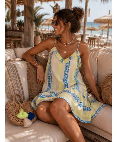 Vestido corto étnico bordado en amarillo y azul