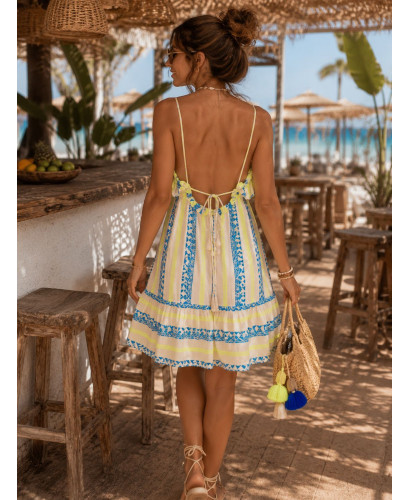 Vestido corto étnico bordado en amarillo y azul 2