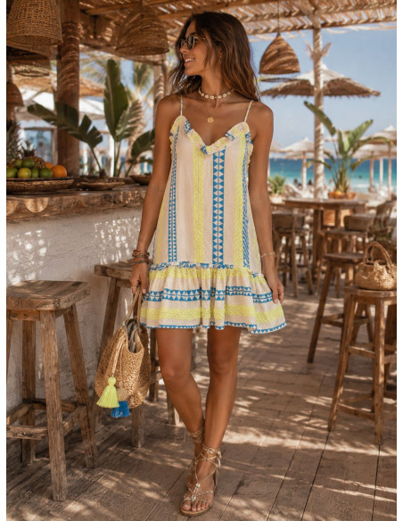 Vestido corto étnico bordado en amarillo y azul