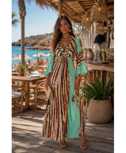 Vestido largo con nudo frontal turquesa