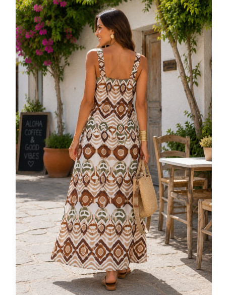 Vestido largo estampado cruzado en tonos tierra