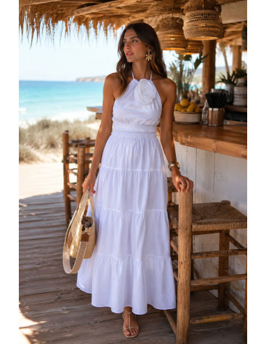 Vestido Blanco Anudado al Cuello con Flor en...