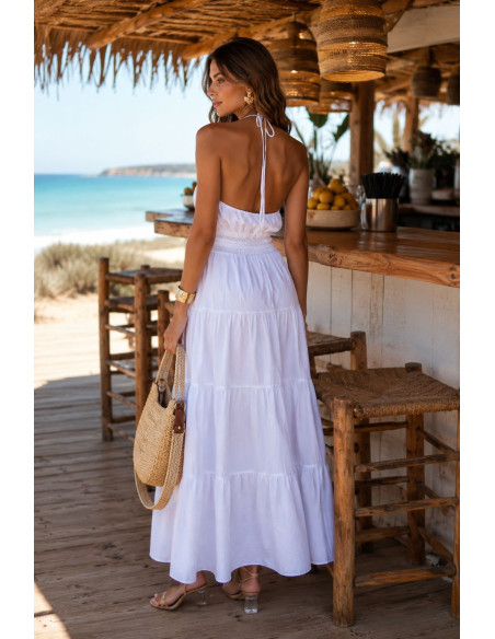 Vestido Blanco Anudado al Cuello con Flor en Relieve