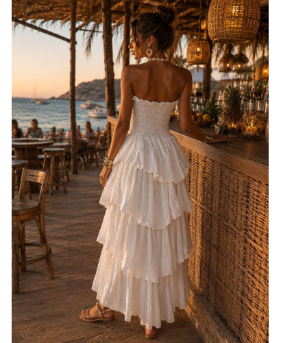 Vestido Largo Blanco con Nido de Abeja y Volantes 2