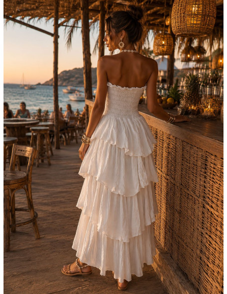 Vestido Largo Blanco con Nido de Abeja y Volantes