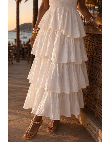 Vestido Largo Blanco con Nido de Abeja y Volantes