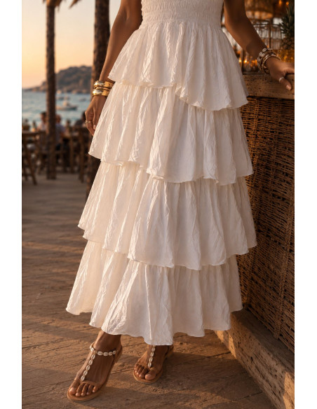 Vestido Largo Blanco con Nido de Abeja y Volantes