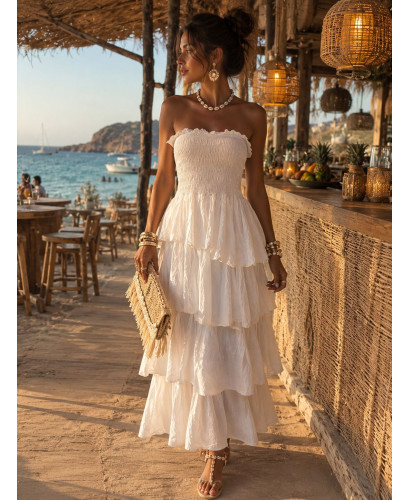 Vestido Largo Blanco con Nido de Abeja y Volantes