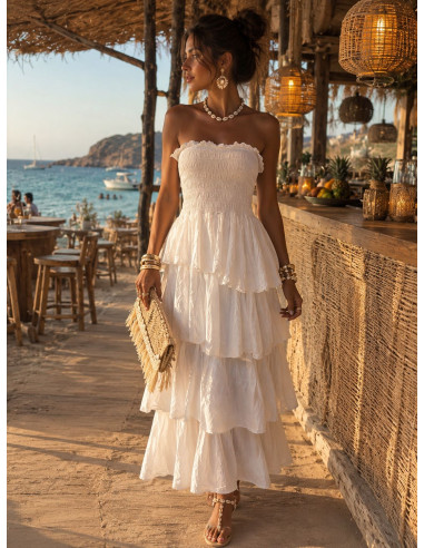 Vestido Largo Blanco con Nido de Abeja y Volantes