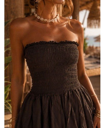 Vestido Largo chocolate con Nido de Abeja y Volantes 2