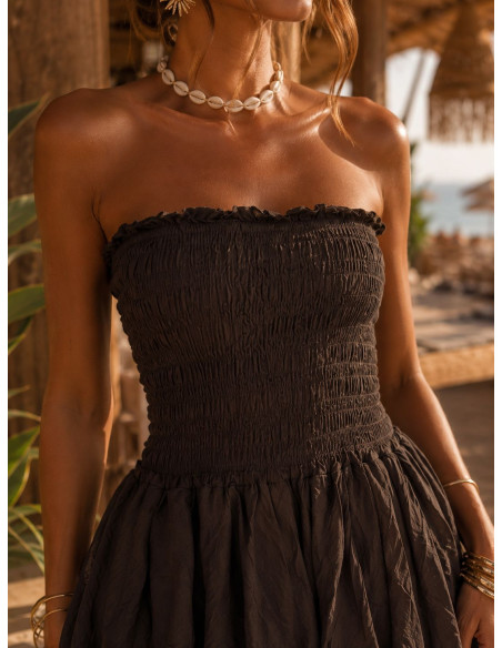 Vestido Largo chocolate con Nido de Abeja y Volantes