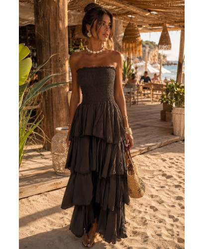 Vestido Largo chocolate con Nido de Abeja y Volantes