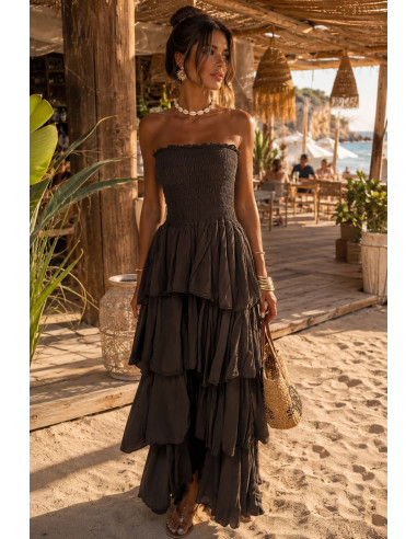 Vestido Largo chocolate con Nido de Abeja y...