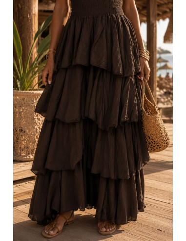 Vestido Largo chocolate con Nido de Abeja y...