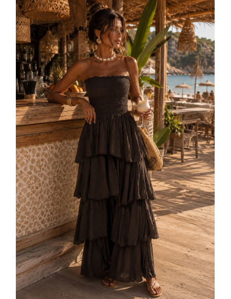 Vestido Largo chocolate con Nido de Abeja y Volantes