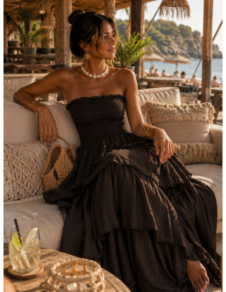 Vestido Largo chocolate con Nido de Abeja y Volantes