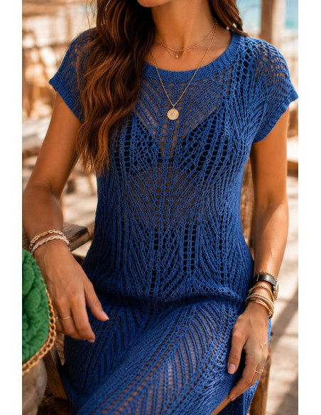 Vestido Largo de Punto Calado Azul con Doble Abertura