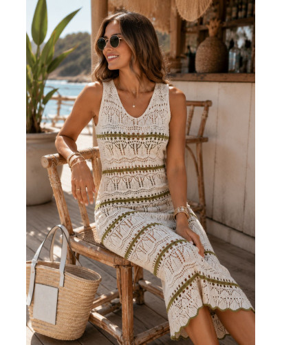 Vestido Largo de Punto Verde y Crudo con Escote Pico