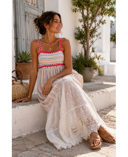 Vestido de Tirantes Combinado en Lino Bordado y Algodón...