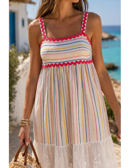 Vestido de Tirantes Combinado en Lino Bordado y Algodón con Hilos de Colores