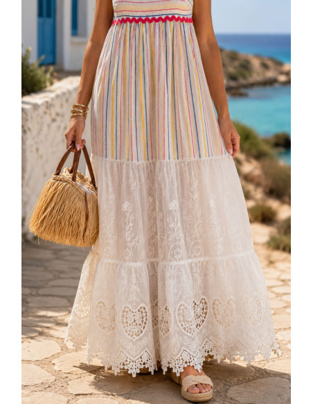 Vestido de Tirantes Combinado en Lino Bordado y Algodón con Hilos de Colores