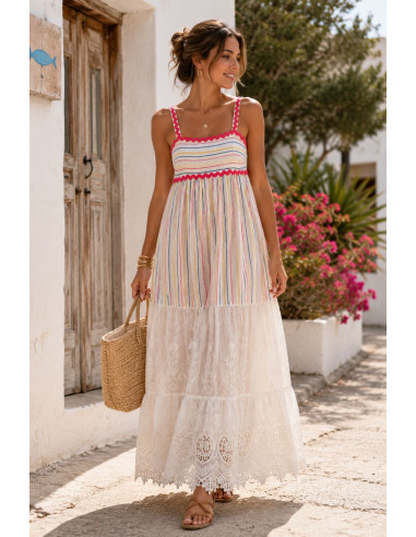 Vestido de Tirantes Combinado en Lino Bordado y...