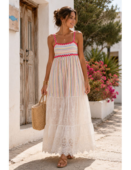 Vestido de Tirantes Combinado en Lino Bordado y Algodón con Hilos de Colores
