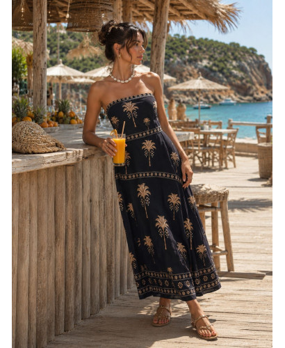 Vestido Palabra de Honor negro con palmeras