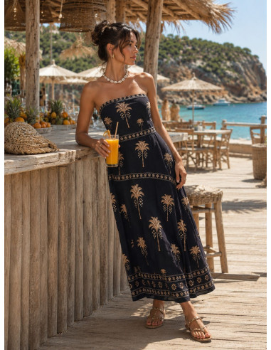 Vestido Palabra de Honor negro con palmeras