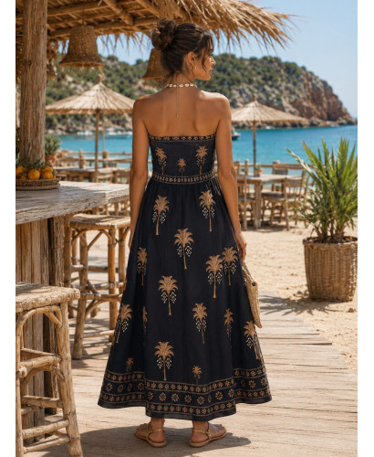 Vestido Palabra de Honor negro con palmeras 2