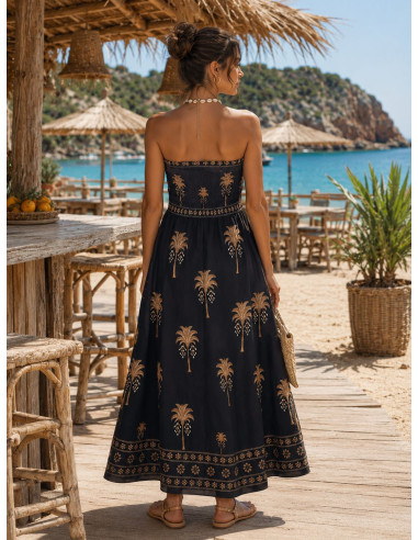 Vestido Palabra de Honor negro con palmeras