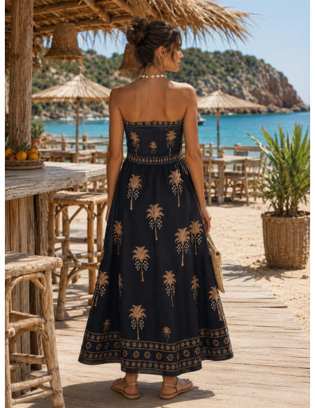 Vestido Palabra de Honor negro con palmeras