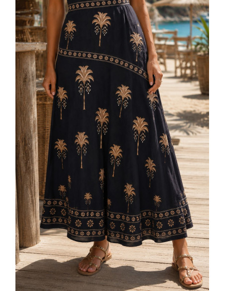 Vestido Palabra de Honor negro con palmeras