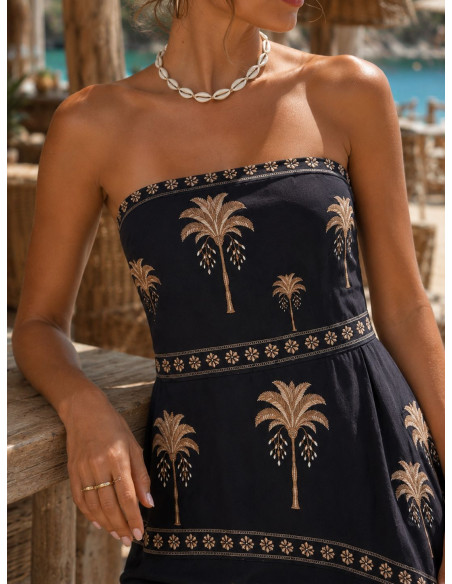 Vestido Palabra de Honor negro con palmeras