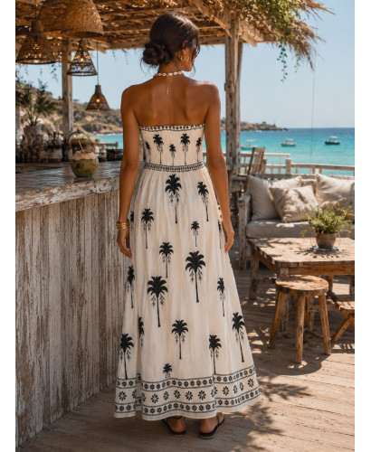 Vestido Palabra de Honor blanco con palmeras 2