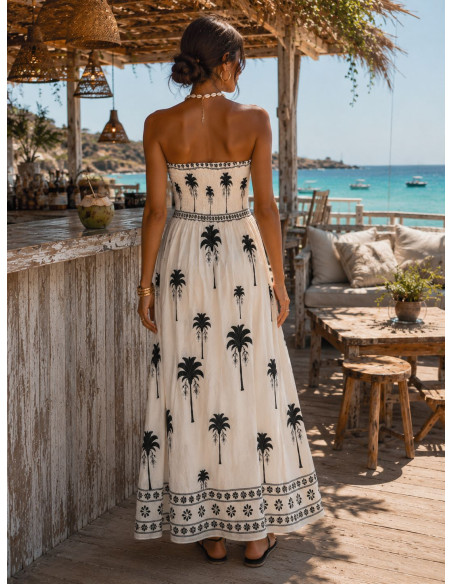 Vestido Palabra de Honor blanco con palmeras