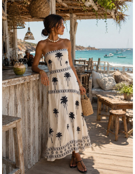 Vestido Palabra de Honor blanco con palmeras