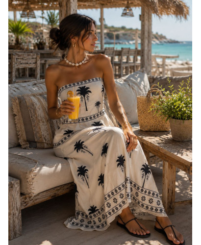 Vestido Palabra de Honor blanco con palmeras