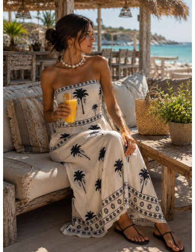 Vestido Palabra de Honor blanco con palmeras