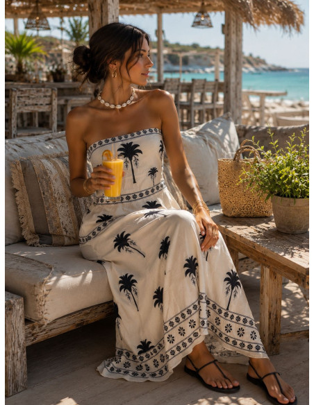 Vestido Palabra de Honor blanco con palmeras
