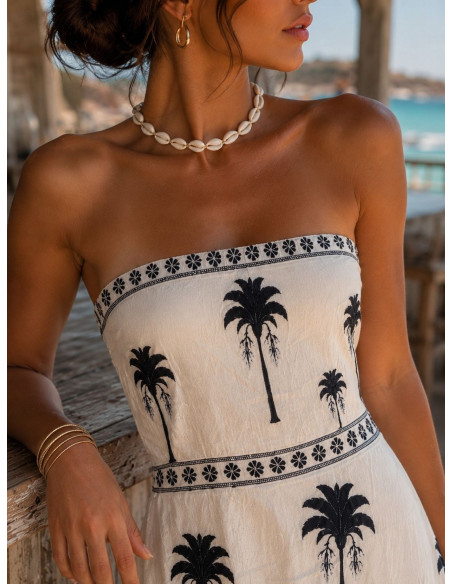 Vestido Palabra de Honor blanco con palmeras
