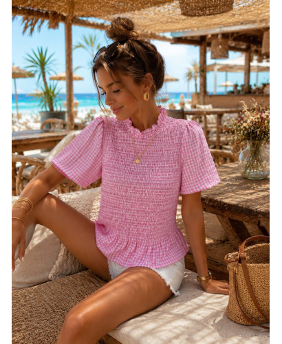 Blusa Rosa Vichy con Nido de Abeja manga corta
