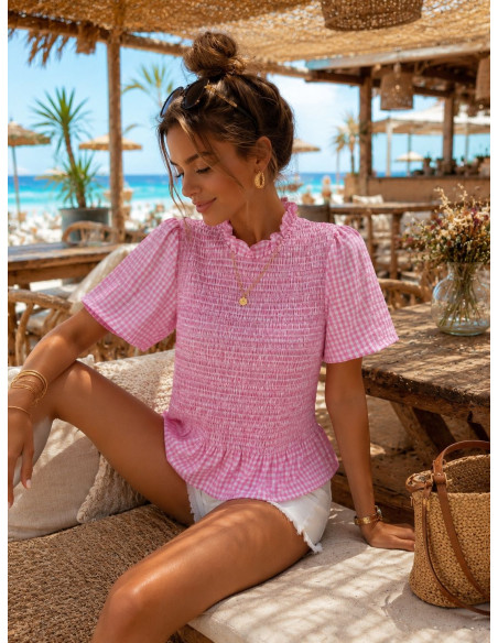 Blusa Rosa Vichy con Nido de Abeja manga corta