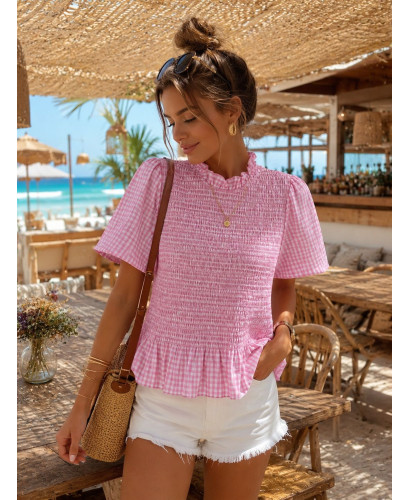 Blusa Rosa Vichy con Nido de Abeja manga corta 2