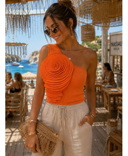 🌺 Camiseta naranja de canalé con Manga Asimétrica y Flor... 2
