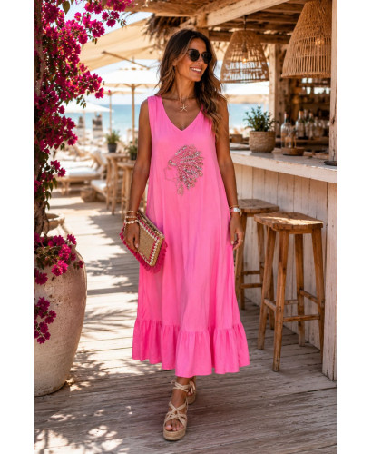 Vestido Largo rosa con Bordado de Cabeza India