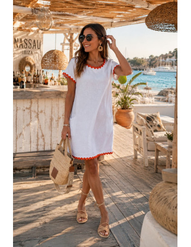Vestido Blanco Corto con Frontal de Lino y...