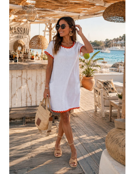 Vestido Blanco Corto con Frontal de Lino y Espalda de Camiseta