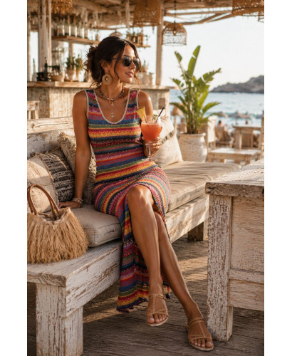 Vestido sin mangas largo con estampado multicolor rojo 2